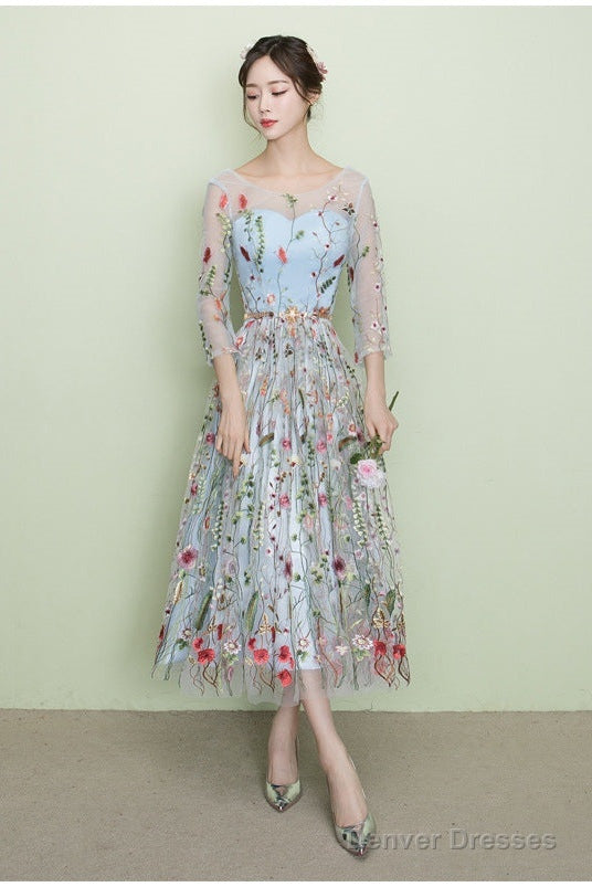Light Blue Tea Length Lace Floral Wedding Party Dress, Beautiful Formal Dress