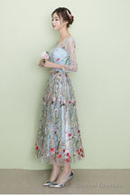 Light Blue Tea Length Lace Floral Wedding Party Dress, Beautiful Formal Dress