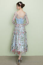 Light Blue Tea Length Lace Floral Wedding Party Dress, Beautiful Formal Dress