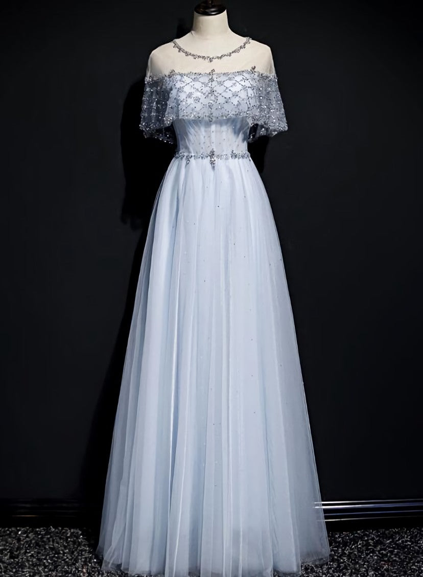 Light Blue Tulle A-line Long Party Dress, Blue Prom Dresses Main image
