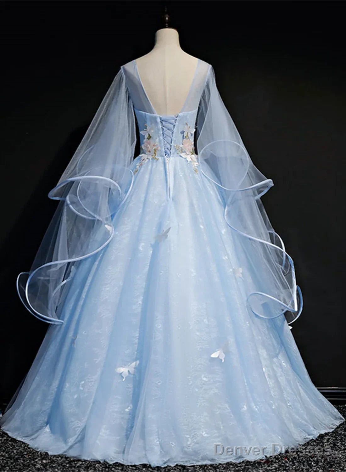 Light Blue Tulle A-line Party Dress Blue Sweet 16 Gown with Flowers prom dresses shops Secondary image