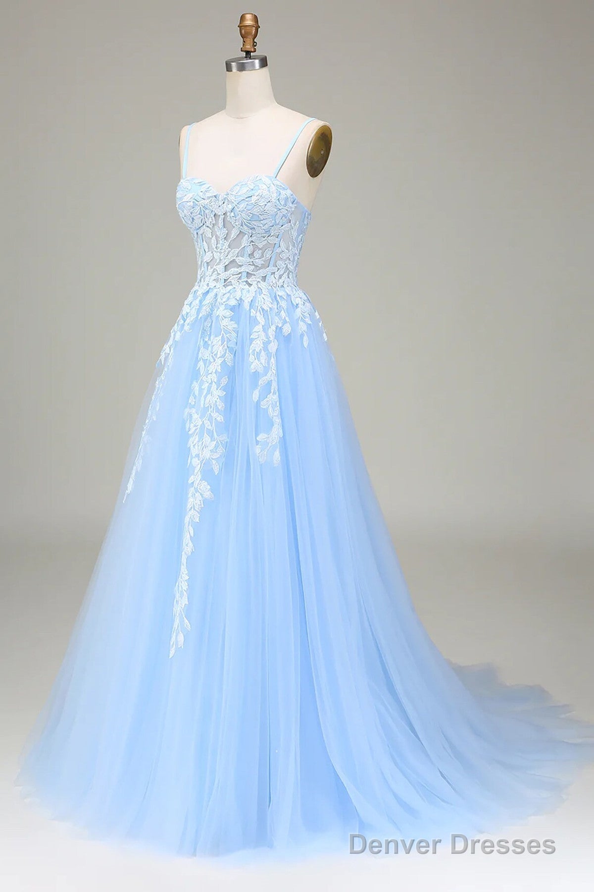 Light Blue Tulle A-Line Prom Dress Party Dress With Lace, Light Blue Prom Dress