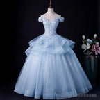 Light Blue Tulle Ball Gown Off Shoulder Sweet 16 Dress Blue Formal Dress with Lace prom dresses shops