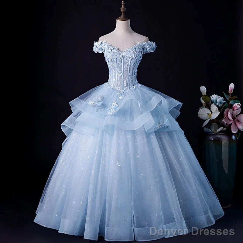 Light Blue Tulle Ball Gown Off Shoulder Sweet 16 Dress Blue Formal Dress with Lace prom dresses shops
