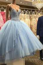 Light Blue Tulle Ball Gowns Quinceanera Dress With Beaded