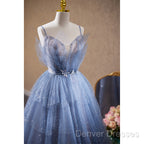 Light Blue Tulle Beaded Long Formal Dress, Light Blue Shiny Tulle Evening Dress Prom Dress