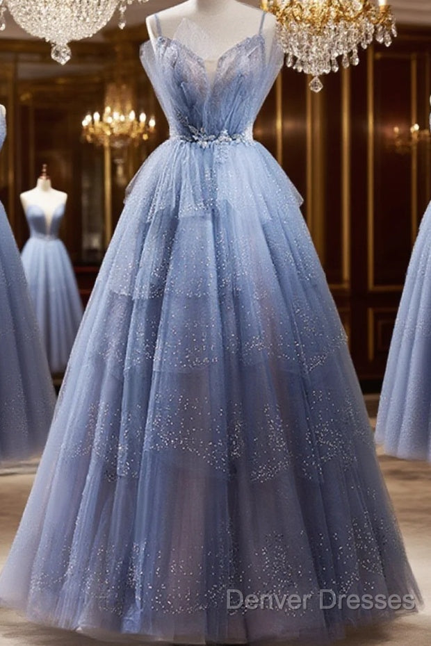 Light Blue Tulle Beaded Long Formal Dress, Light Blue Shiny Tulle Evening Dress Prom Dress