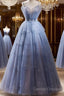 Light Blue Tulle Beaded Long Formal Dress, Light Blue Shiny Tulle Evening Dress Prom Dress