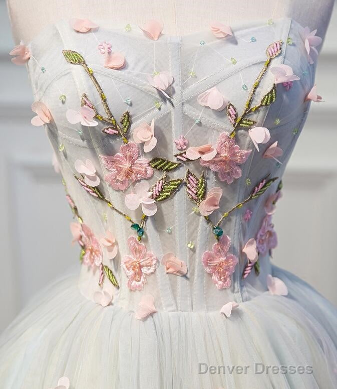 Light Blue Tulle Floral Short Sweetheart Homecoming Dress, Blue Prom Dress