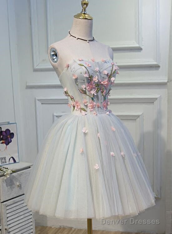 Light Blue Tulle Floral Short Sweetheart Homecoming Dress, Blue Prom Dress Main image