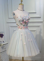 Light Blue Tulle Floral Short Sweetheart Homecoming Dress, Blue Prom Dress