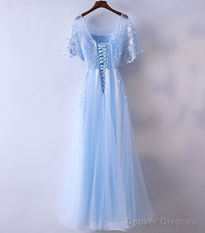 Light Blue Tulle Lace Long Prom Dress, Blue Lace Graduation Dress Secondary image