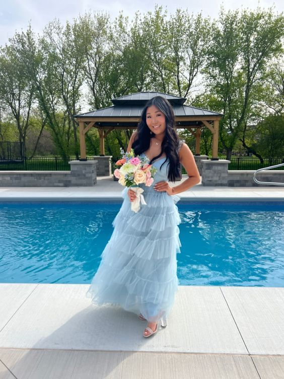 Light Blue Tulle Layered Long Prom Dress Elegant Evening Dress