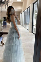 Light Blue Tulle Layered Long Prom Dress Elegant Evening Dress
