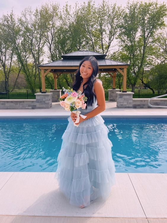 Light Blue Tulle Layered Long Prom Dress Elegant Evening Dress Main image