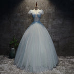 Light Blue Tulle Long Party Dress Formal Dress, Blue Tulle Formal Dress with Flowers