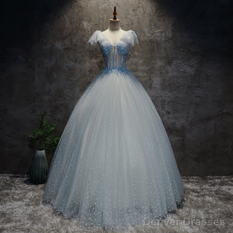 Light Blue Tulle Long Party Dress Formal Dress, Blue Tulle Formal Dress with Flowers