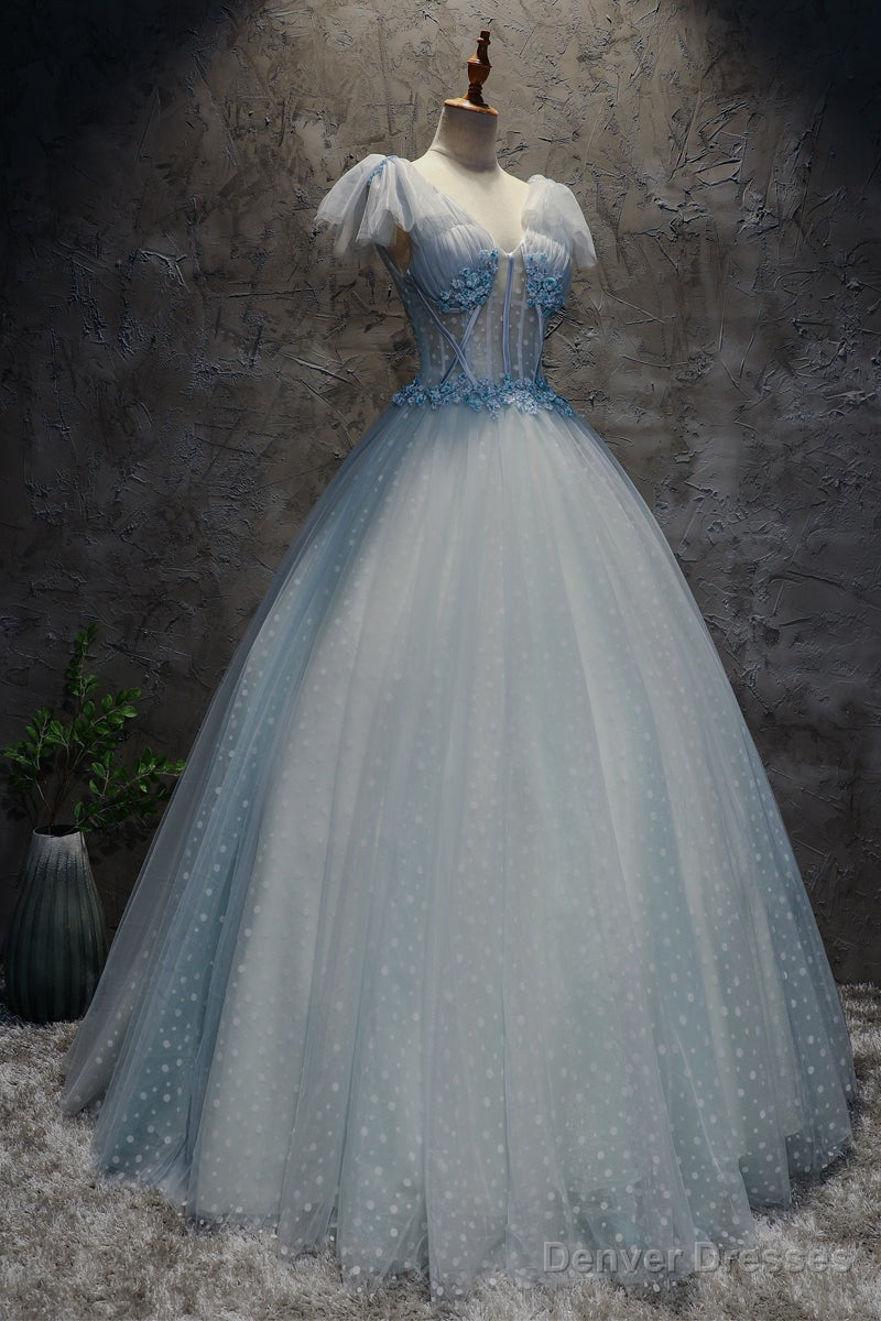 Light Blue Tulle Long Party Dress Formal Dress, Blue Tulle Formal Dress with Flowers Main image