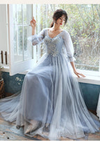 Light Blue Tulle Long Party Dress With Puffy Sleeves, Blue Evening Dress Prom Dress