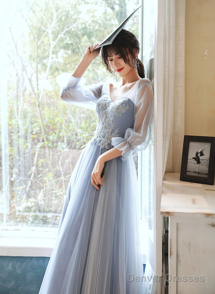 Light Blue Tulle Long Party Dress With Puffy Sleeves, Blue Evening Dress Prom Dress