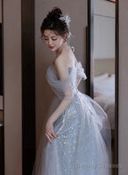 Light Blue Tulle Off Shoulder Beaded Party Dress, A-Line Tulle Blue Formal Dress Prom Dress
