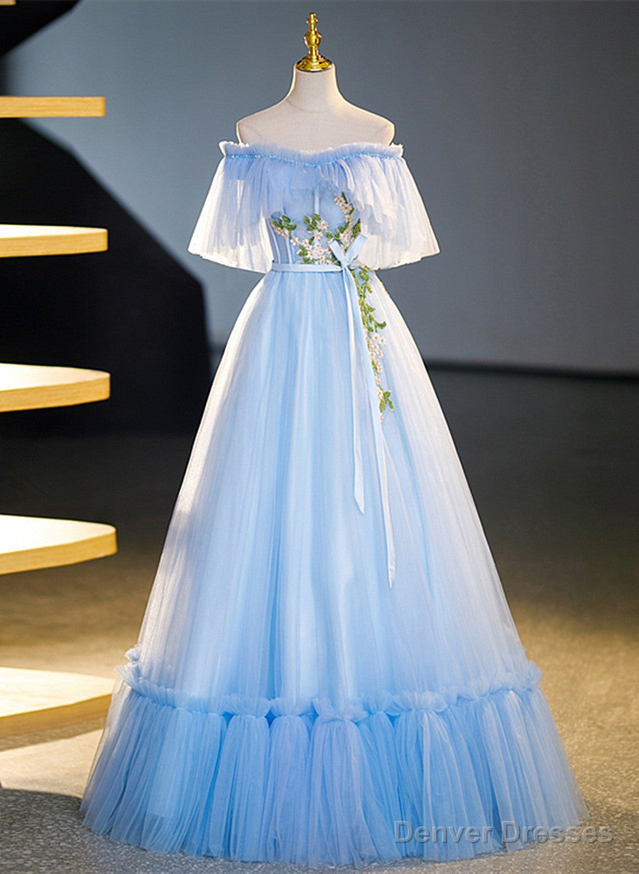 Light Blue Tulle Off Shoulder with Lace Applique Prom Dress, Blue Long Party Dress Main image