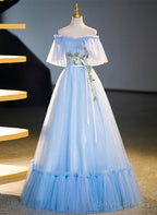 Light Blue Tulle Off Shoulder with Lace Applique Prom Dress, Blue Long Party Dress