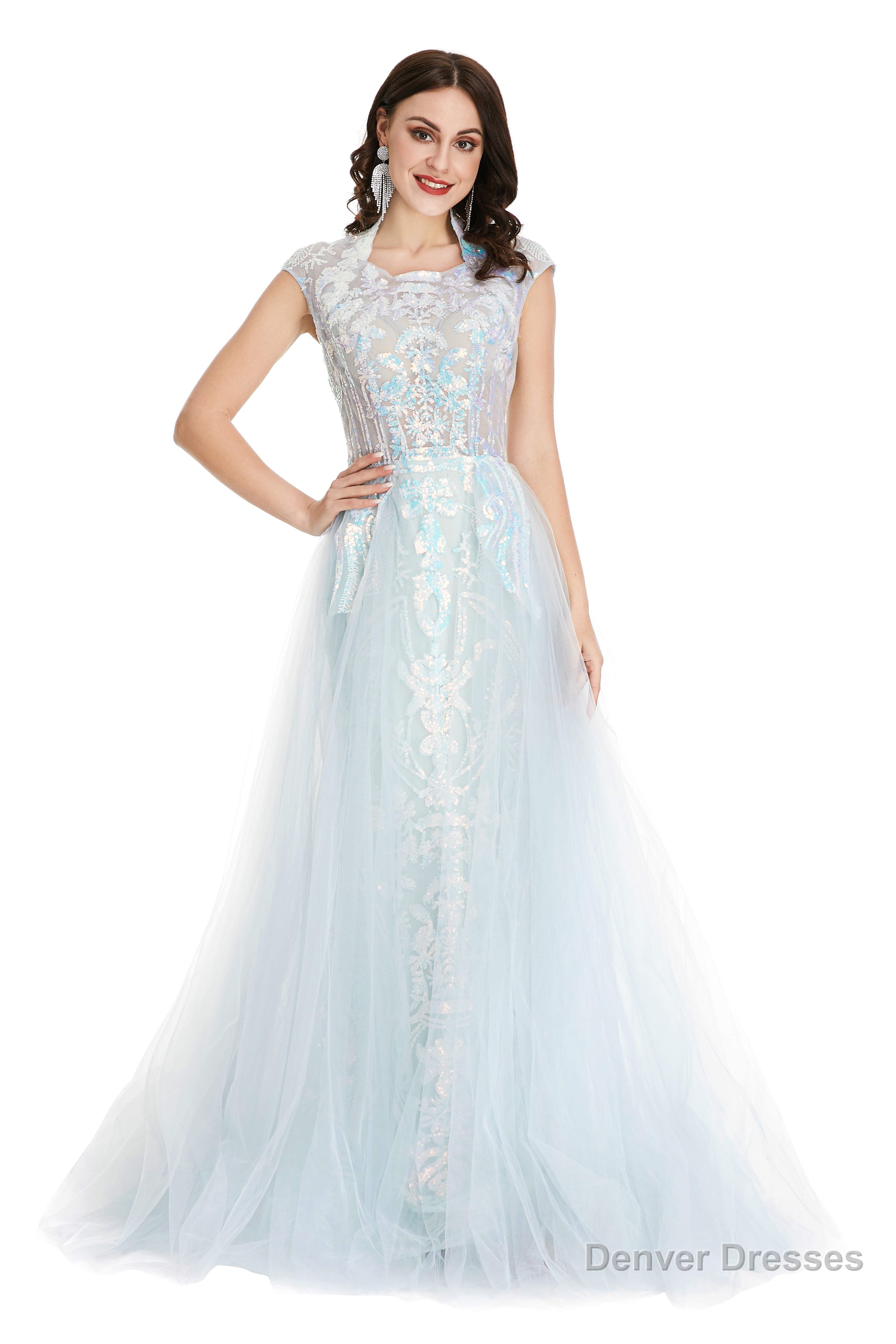 Light Blue Tulle Sequins Appliques Cap Sleeve Prom Dresses Main image