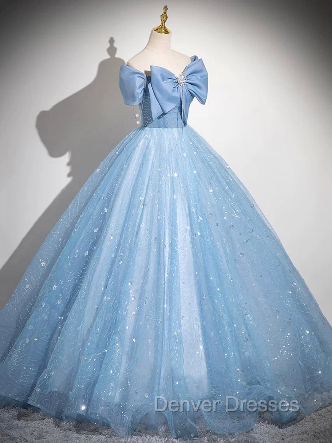 Light Blue Tulle Sequins Long Prom Dress, A-Line Off Shoulder Evening Dress Secondary image