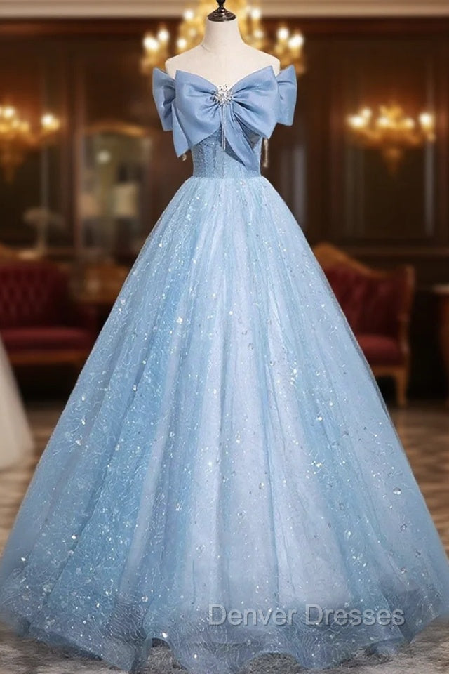 Light Blue Tulle Sequins Long Prom Dress, A-Line Off Shoulder Evening Dress Main image