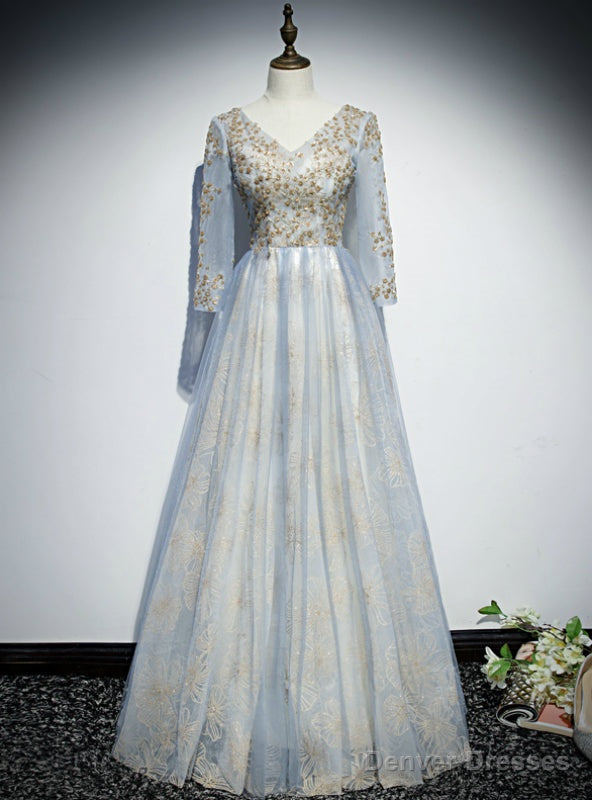 Light Blue Tulle Sequins Long Sleeve Prom Dress Main image