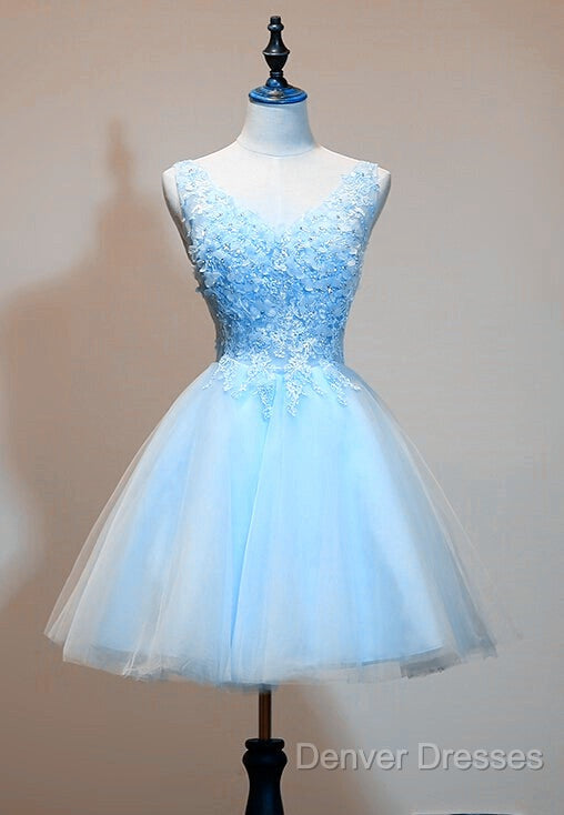 Light Blue Tulle Short Party Dress With Lace Applique, V-Neckline Homecoming Dress Secondary image