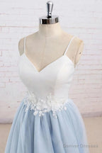 Light Blue Tulle Simple Spaghetti Straps Sweep Train Backless Prom Dress