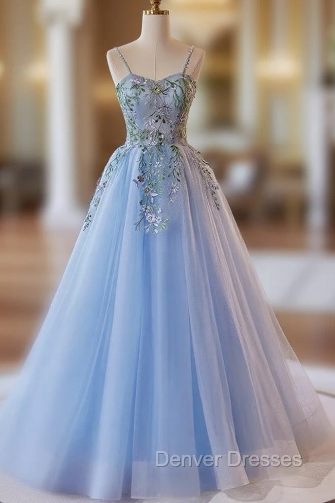 Light Blue Tulle Straps With Lace Applique Prom Dress, Light Blue Party Dress