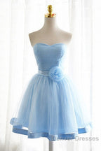 Light Blue Tulle Sweetheart With Bow Cute Party Dress, Blue Short Homecoming Dress Prom Dress