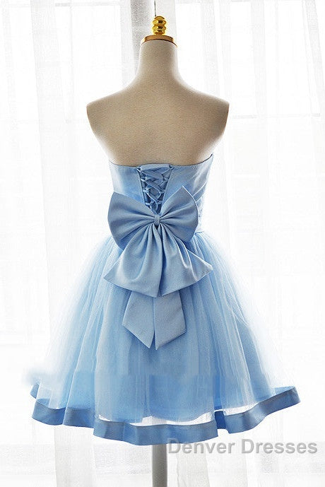 Light Blue Tulle Sweetheart With Bow Cute Party Dress, Blue Short Homecoming Dress Prom Dress