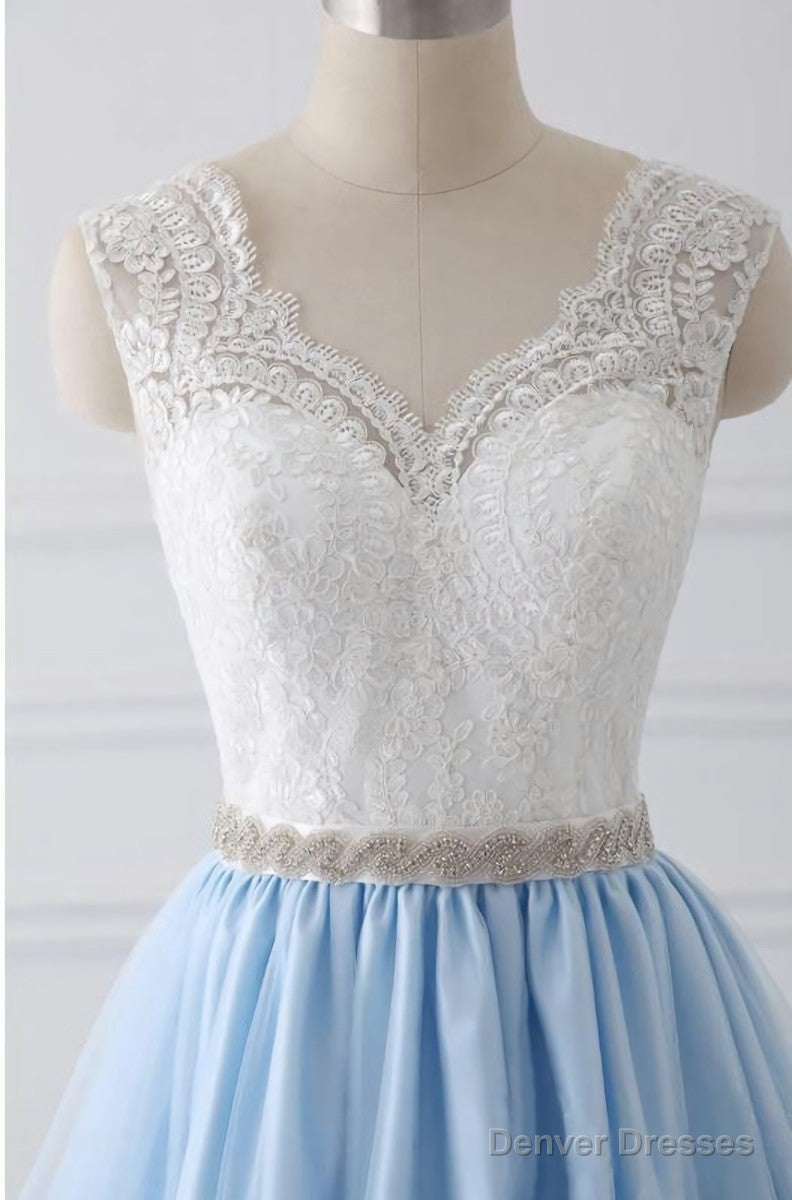 Light Blue Tulle V Back Long Party Dress with Bow, Blue Evening Dress Wedding Party Dress Secondary image