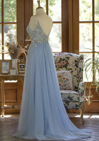 Light Blue Tulle V-neckline Straps with Lace Long Party Dress, Blue A-line Prom Dress