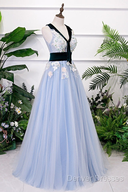 Light Blue Tulle With Flowers Lace Long Evening Dress Prom Dress, A-Line Party Dress