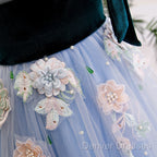Light Blue Tulle With Flowers Lace Long Evening Dress Prom Dress, A-Line Party Dress