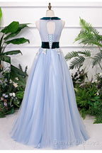 Light Blue Tulle With Flowers Lace Long Evening Dress Prom Dress, A-Line Party Dress