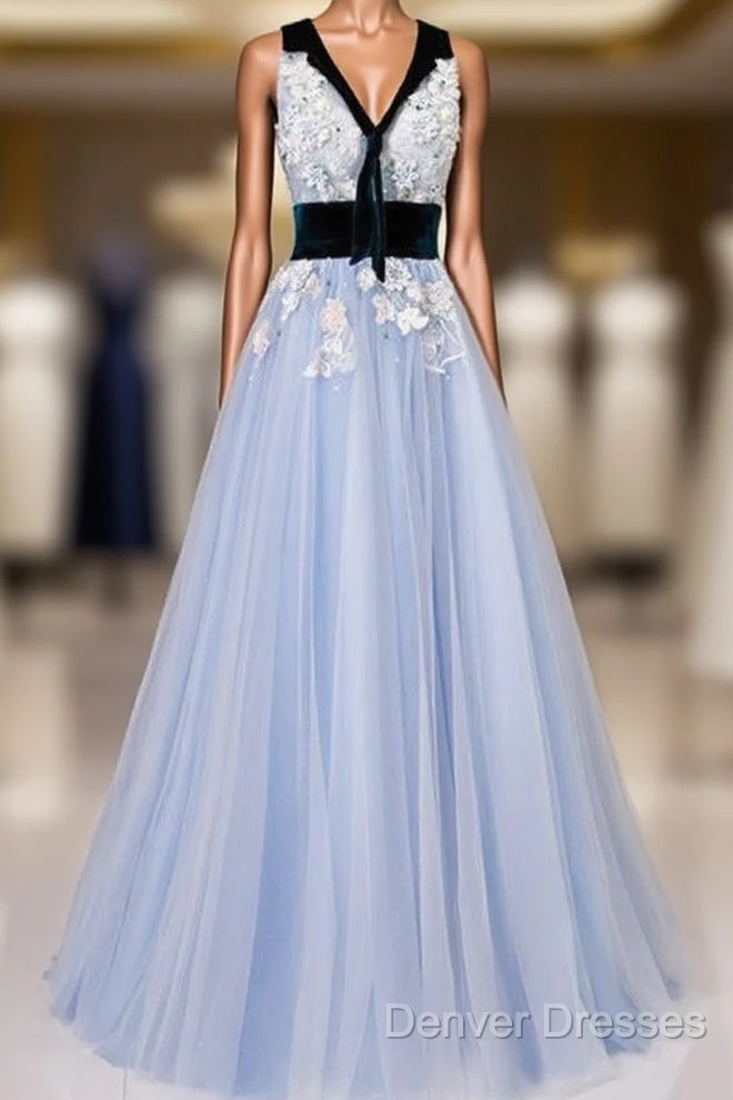 Light Blue Tulle With Flowers Lace Long Evening Dress Prom Dress, A-Line Party Dress Main image