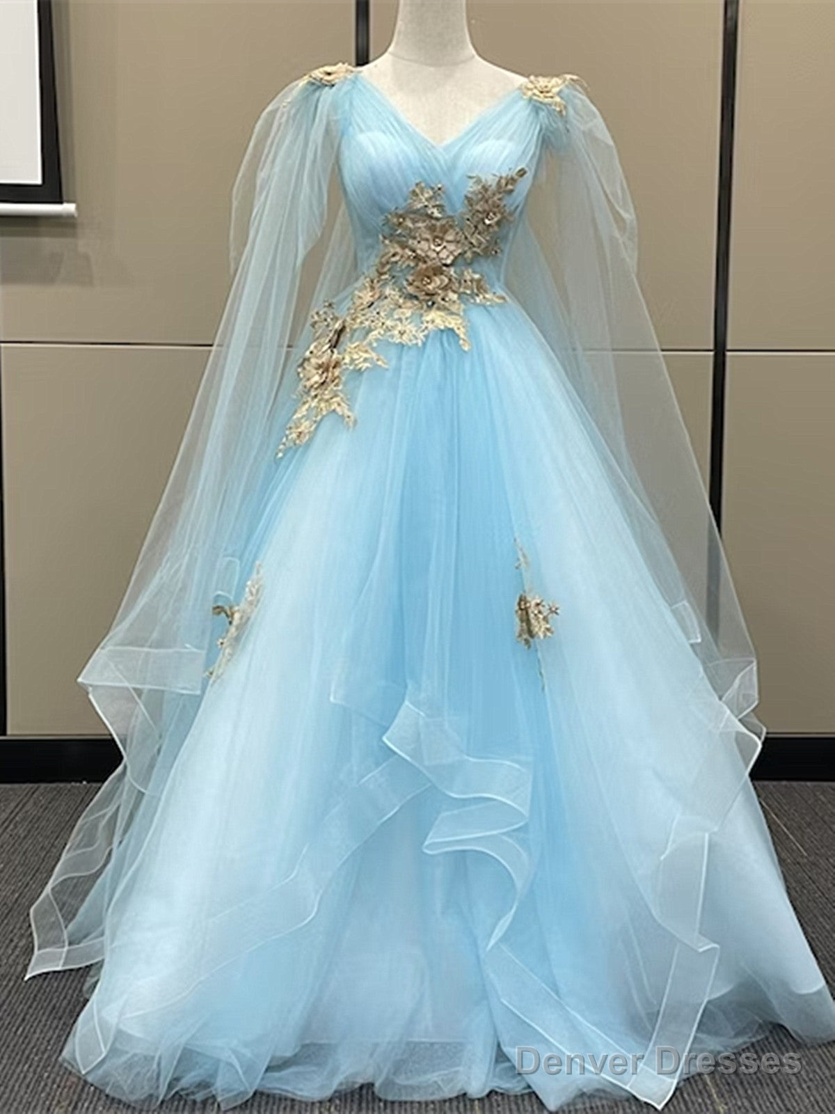 Light Blue Tulle with Gold Lace Applique Party Dress, Light Blue Prom Dress Main image