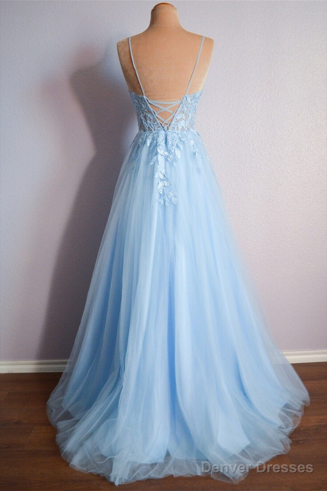 Light Blue V Neck Lace-Up Appliques Tulle Long Prom Dress Secondary image