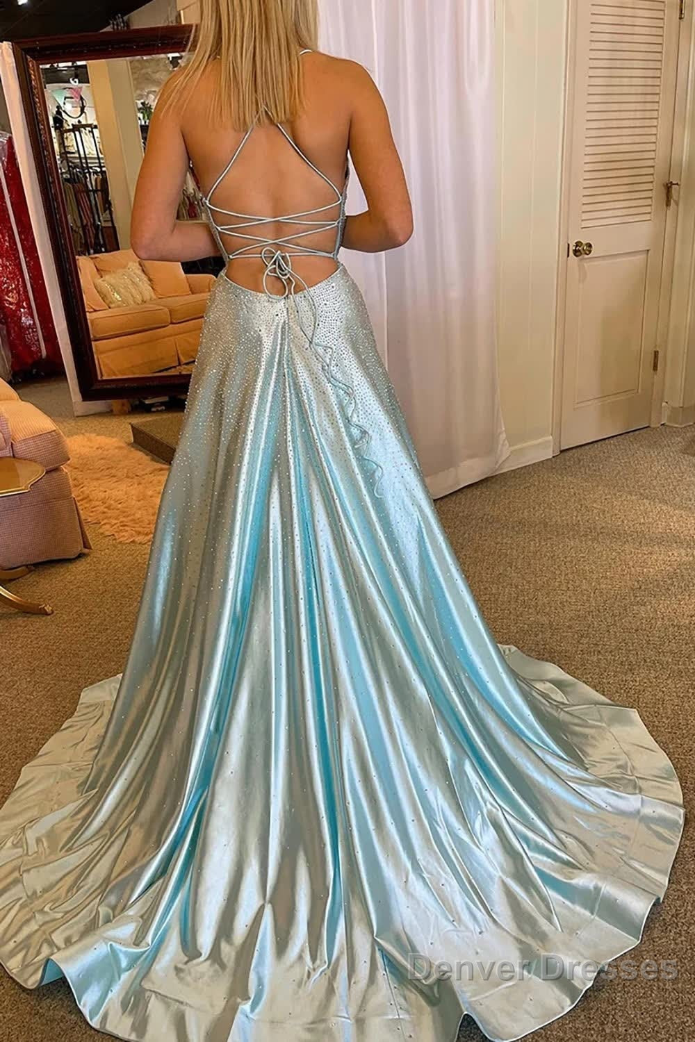 Light Blue V-Neck Long Prom Dress with Criss Cross Back Secondary image