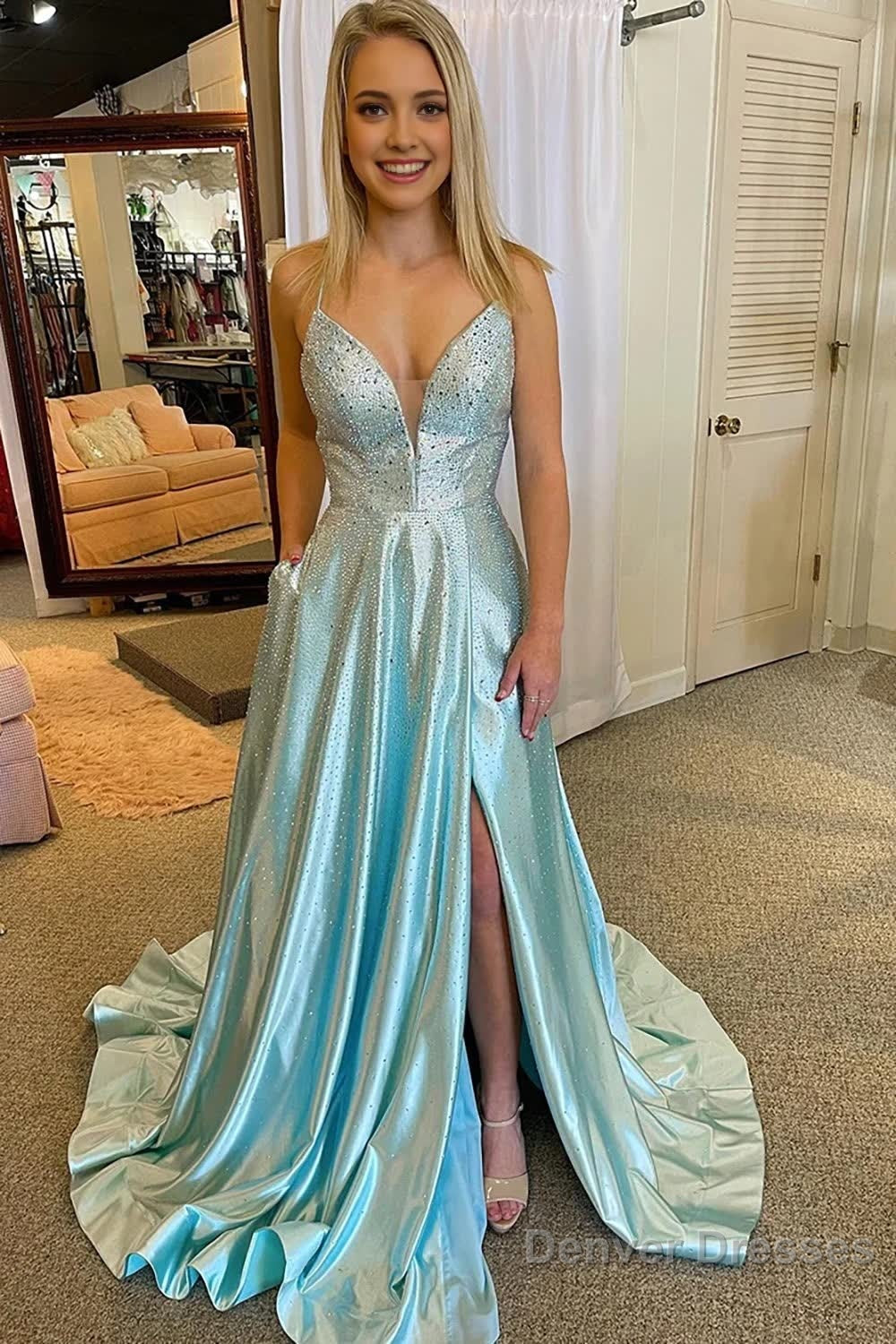Light Blue V-Neck Long Prom Dress with Criss Cross Back Main image