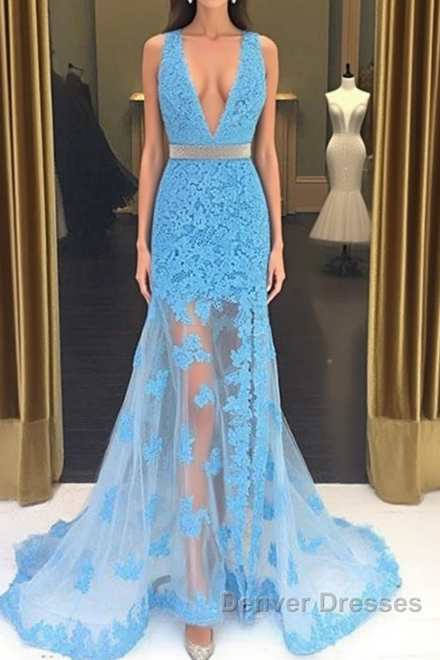 Light Blue V Neck Mermaid Lace Applique Long Prom Dress, Lace Blue Formal Dress, Evening Dress Main image