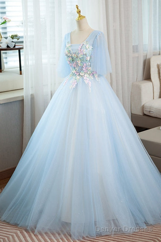 Light Blue V-Neckline Long Puffy Sleeves Party Dress, Blue Evening Gown Secondary image