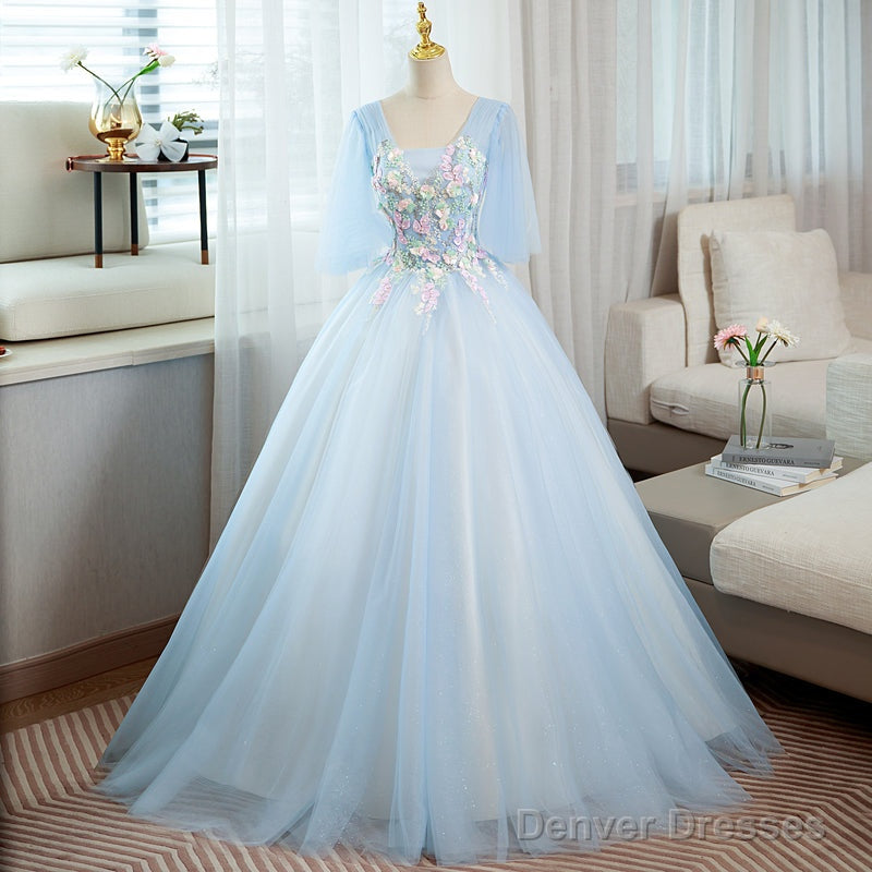 Light Blue V-Neckline Long Puffy Sleeves Party Dress, Blue Evening Gown