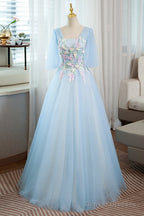 Light Blue V-Neckline Long Puffy Sleeves Party Dress, Blue Evening Gown